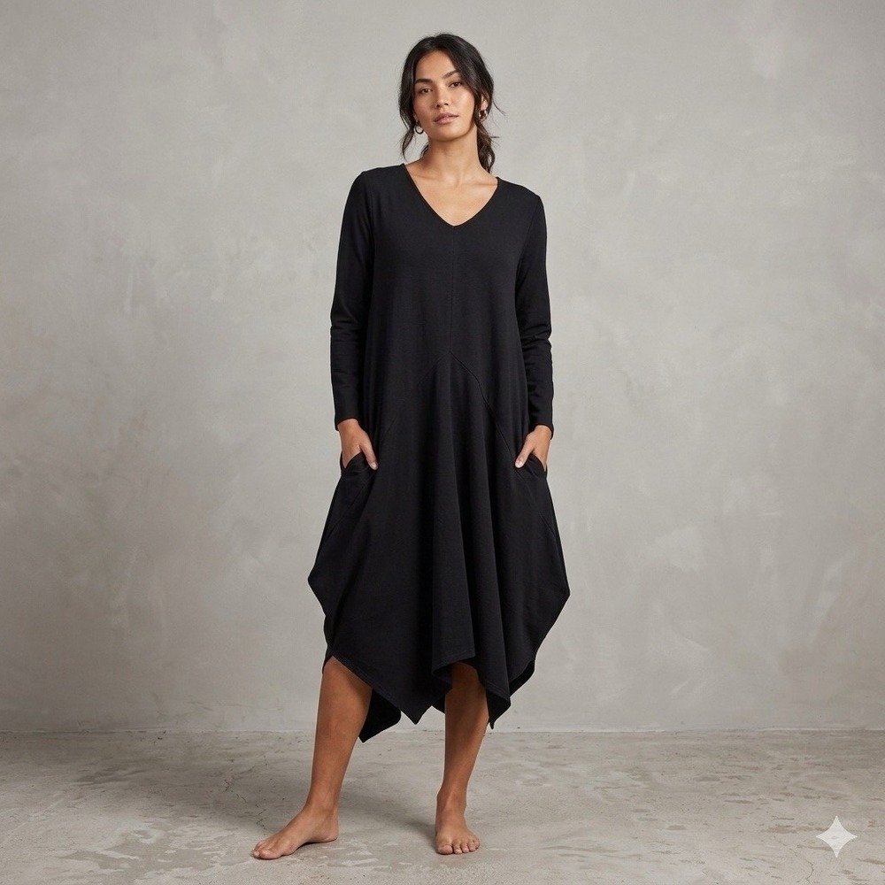 NOBLU Black Lagenlook Dress Medium M Cotton Stretch Avant Garde Asymmetric